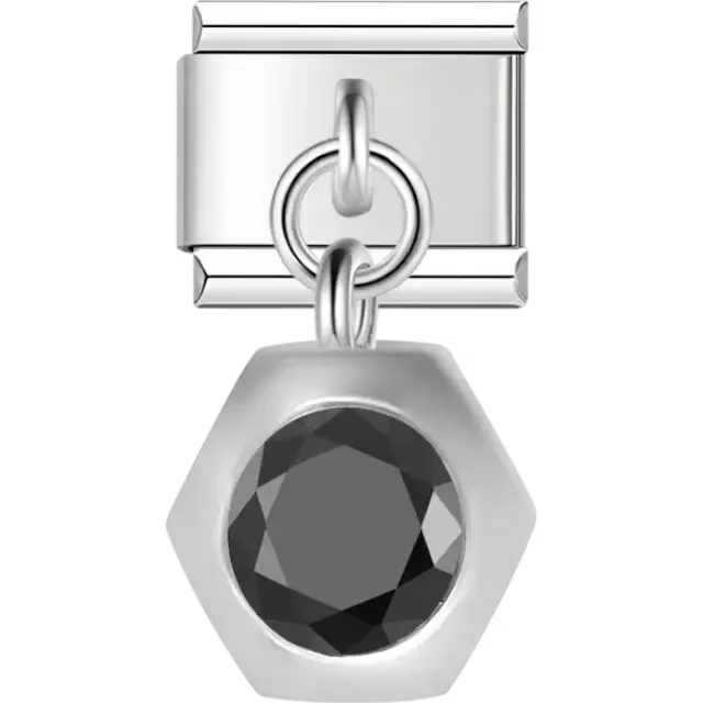 Black hexagon gemstone in a silver setting Italian charm bracelet link