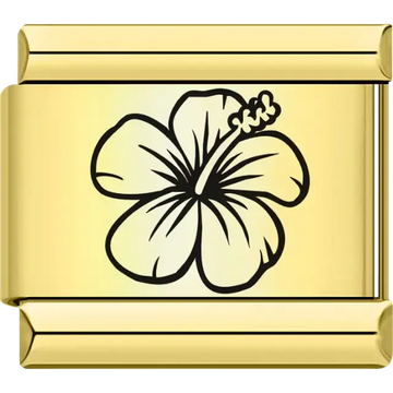 Gold charm with black outlined hibiscus flower Italian charm bracelet link