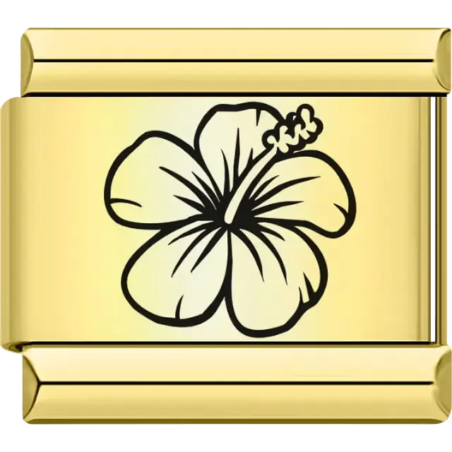 Gold charm with black outlined hibiscus flower Italian charm bracelet link