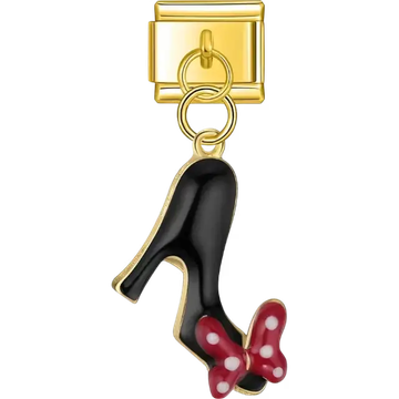 Black high heel with red polka dot bow dangle design Italian charm bracelet link