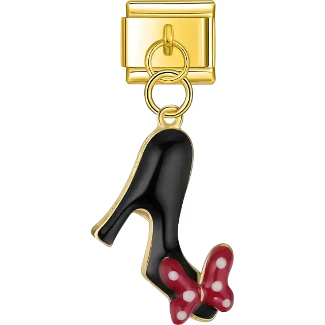 Black high heel with red polka dot bow dangle design Italian charm bracelet link