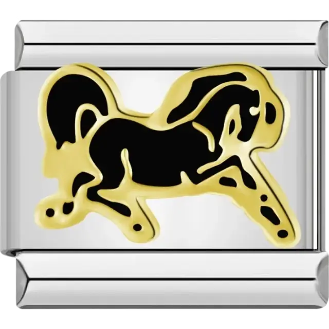 Black horse with golden outline Italian charm bracelet link