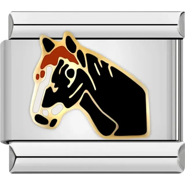 Black horse head with brown and white details outlined in gold Italian charm bracelet link