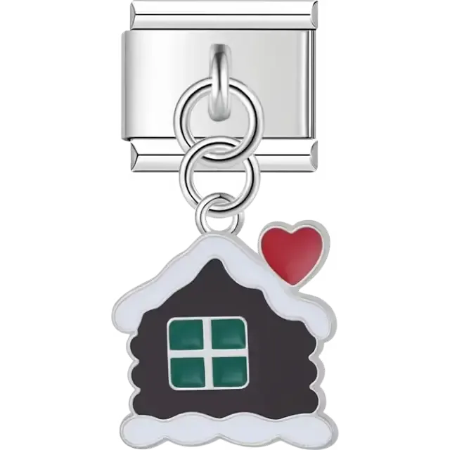 Black house with green windows white snow accents and red heart on dangle Italian charm bracelet link