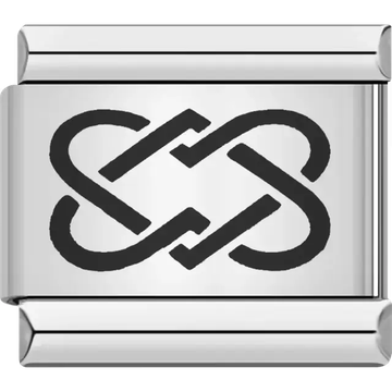 Two black interwoven hearts forming a continuous loop Italian charm bracelet link