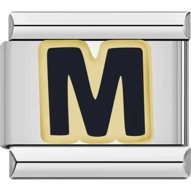 Black letter "M" with gold outline Italian charm bracelet link