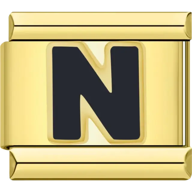 Black letter "N" with gold outline Italian charm bracelet link