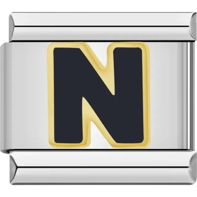 Black letter "N" with gold outline Italian charm bracelet link