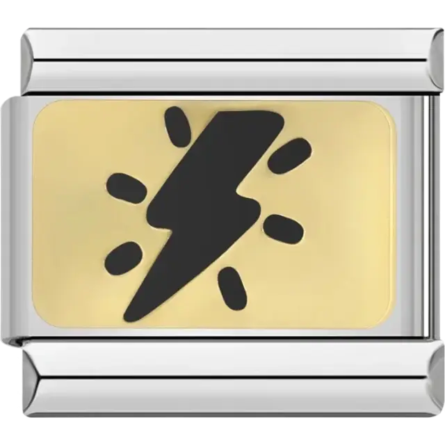 Black lightning bolt symbol on a gold background Italian charm bracelet link
