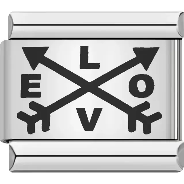 Two black crossed arrows with the word love in bold Italian charm bracelet link