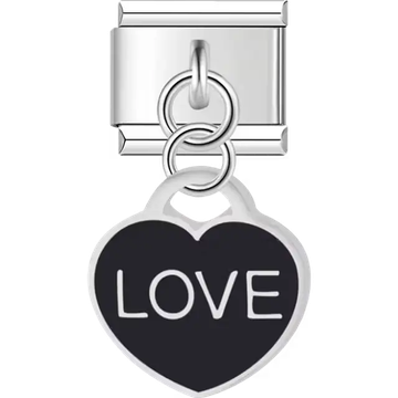 Black "LOVE" heart dangle Italian charm bracelet link