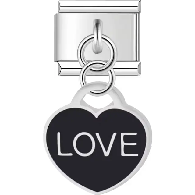Black "LOVE" heart dangle Italian charm bracelet link