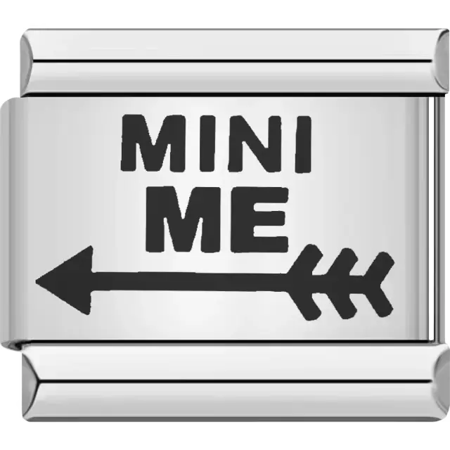 Black text "MINI ME" above a black arrow with a pointed tip and fletched end Italian charm bracelet link