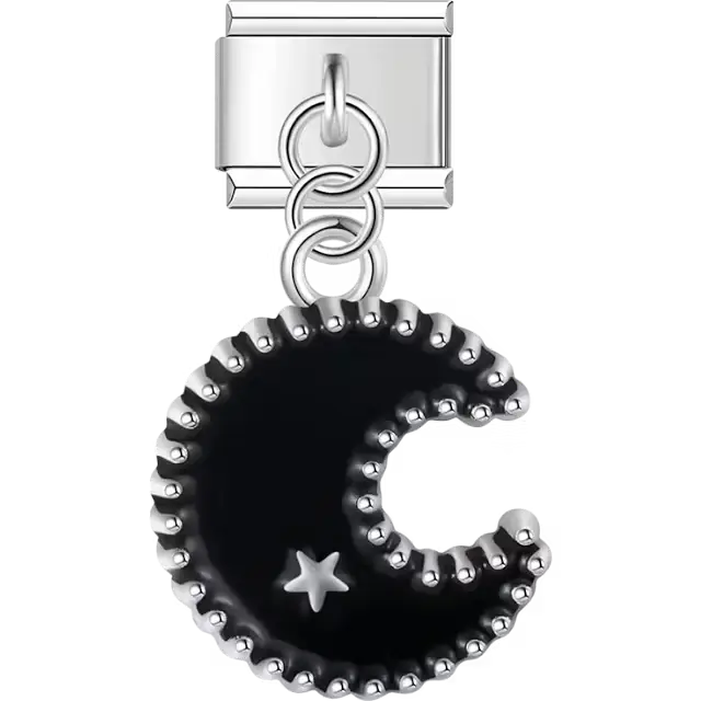 Black crescent moon and silver star dangle Italian charm bracelet link