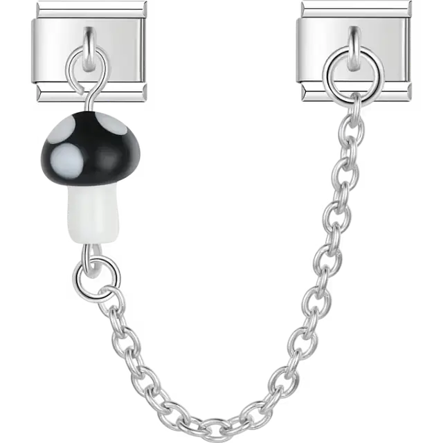 Black mushroom with polka dots dangle safety chain Italian charm bracelet link