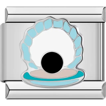 Blue and white open shell with black pearl Italian charm bracelet link