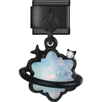Black planet with opal centerpiece star accent and clear crystal Italian charm bracelet link