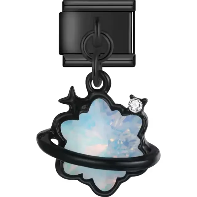 Black planet with opal centerpiece star accent and clear crystal Italian charm bracelet link