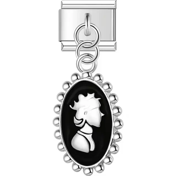 Black oval cameo with white queen silhouette profile beaded border dangle Italian charm bracelet link