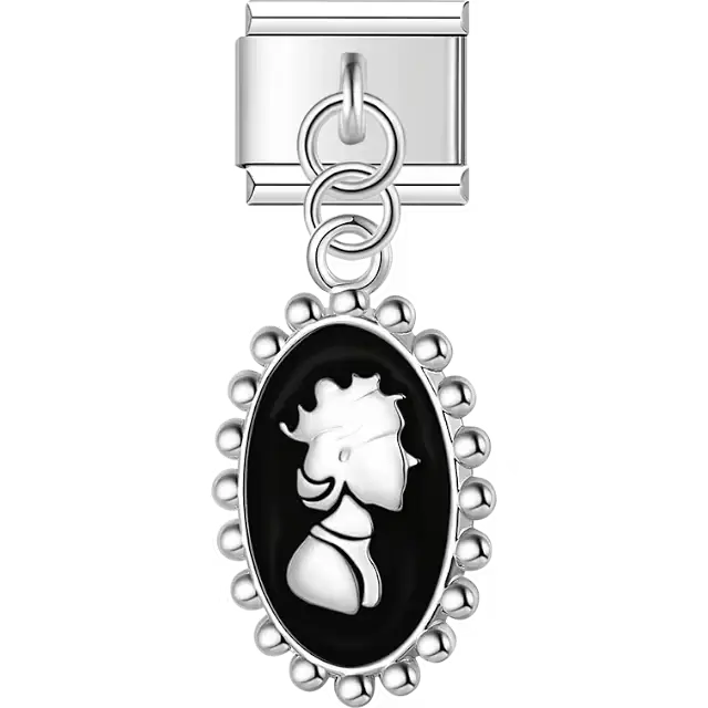Black oval cameo with white queen silhouette profile beaded border dangle Italian charm bracelet link