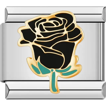 Black rose design with gold detailing and green leaves Italian charm bracelet link