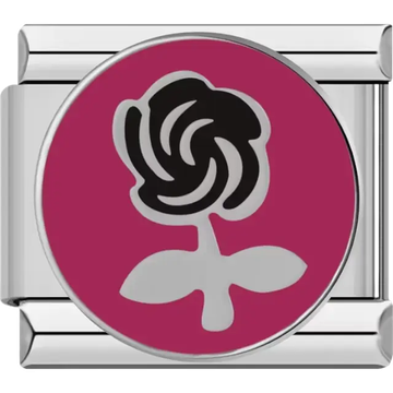 Black rose with leaves on a pink circular background Italian charm bracelet link