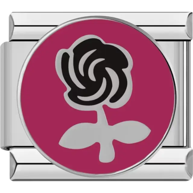 Black rose with leaves on a pink circular background Italian charm bracelet link