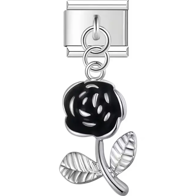 Black rose flower with silver stem and leaves dangle Italian charm bracelet link