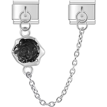 Black rose flower with safety chain Italian charm bracelet link