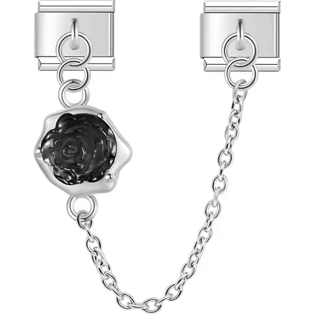 Black rose flower with safety chain Italian charm bracelet link
