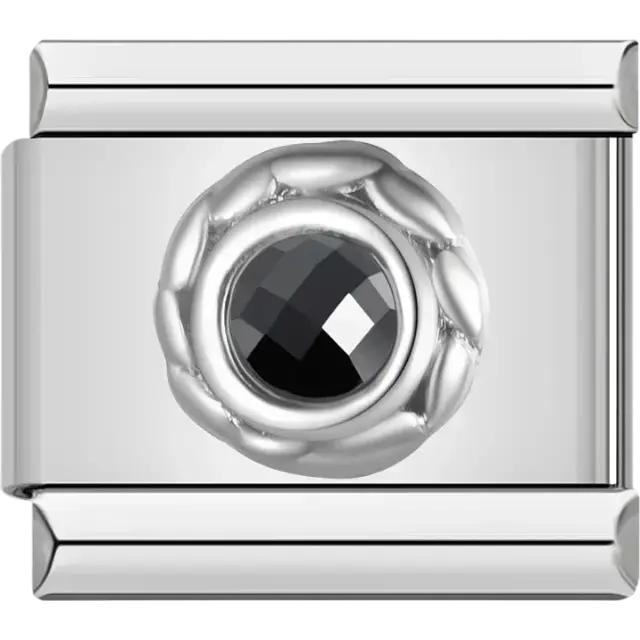 Black round stone with silver braided border Italian charm bracelet link