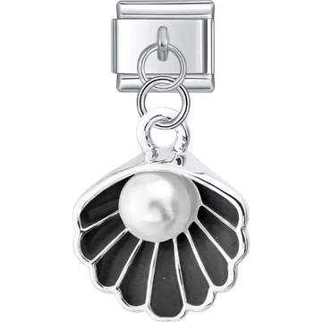 Black seashell dangle design with a white pearl centerpiece Italian charm bracelet link