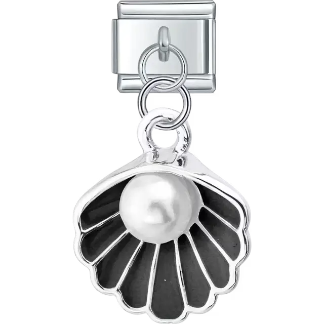Black seashell dangle design with a white pearl centerpiece Italian charm bracelet link