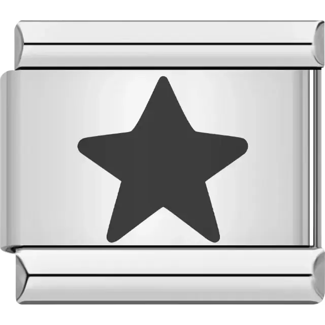 Black five-pointed star design on a polished silver Italian charm bracelet link