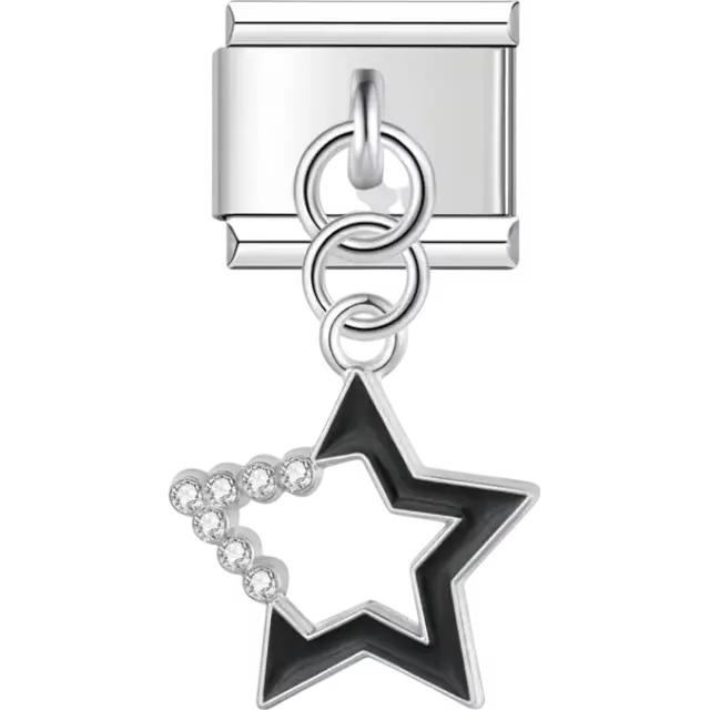 Black hollow star with silver outline and crystal accent dangle Italian charm bracelet link
