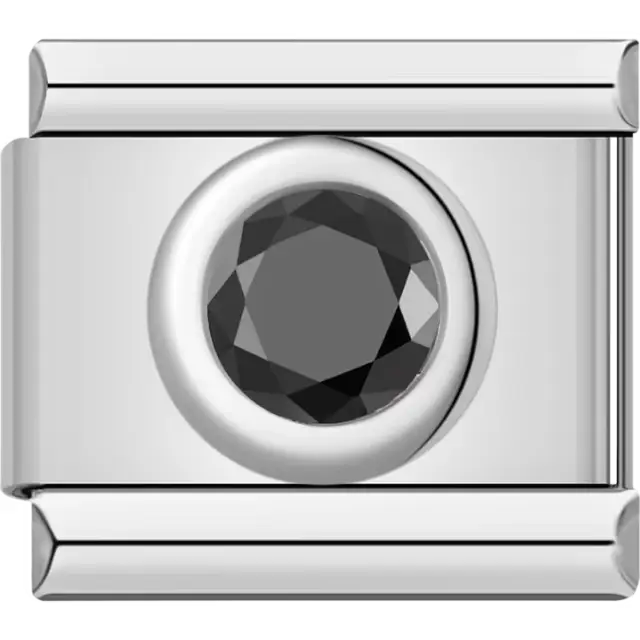 Black faceted stone set in silver-tone Italian charm bracelet link