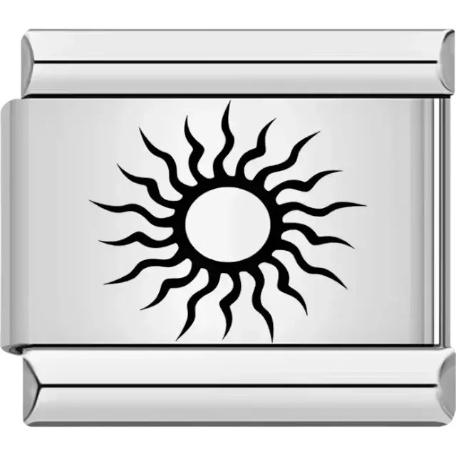 Black sun design with wavy rays Italian charm bracelet link