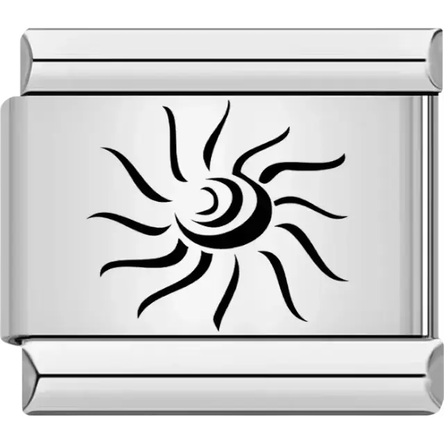 Black sun design with swirling rays Italian charm bracelet link