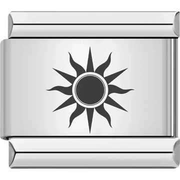 Black sunburst design with a circular center and alternating wavy and pointed rays Italian charm bracelet link