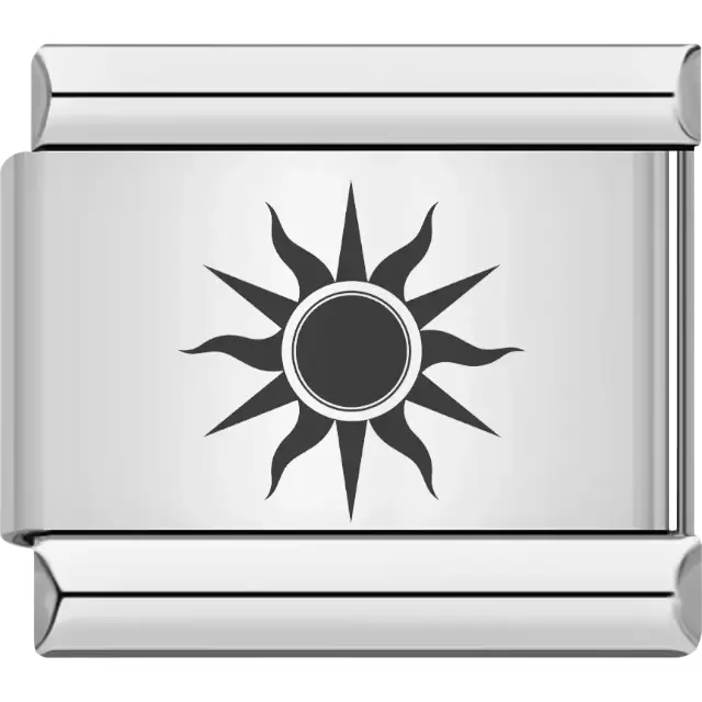 Black sunburst design with a circular center and alternating wavy and pointed rays Italian charm bracelet link