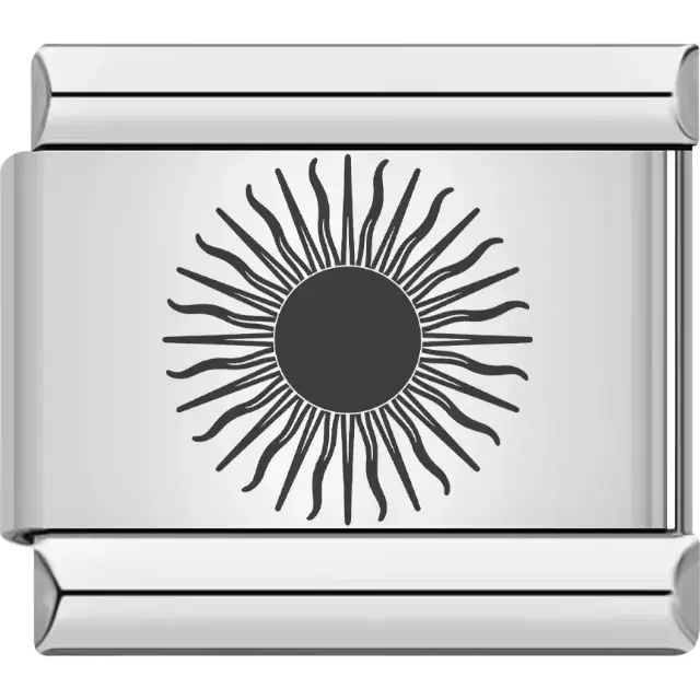 Black sunburst design with bold circular center and wavy rays Italian charm bracelet link