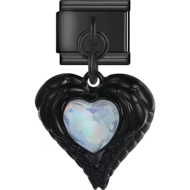 Black winged heart with opal centerpiece Italian charm bracelet link