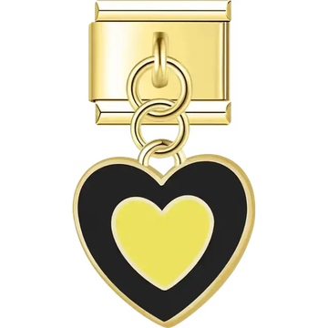 Gold dangle black heart yellow center Italian charm bracelet link