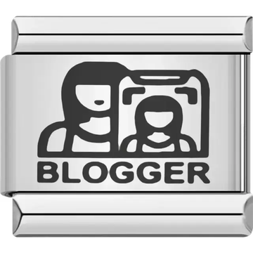 Black blogger figure with a camera above bold "BLOGGER" text Italian charm bracelet link