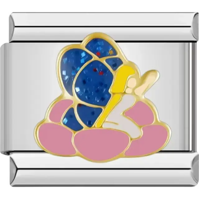 Blonde fairy resting on a pink flower with sparkling blue butterfly wings Italian charm bracelet link