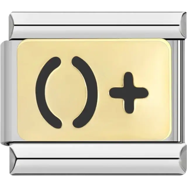 Black “O+” symbol on gold-tone Italian charm bracelet link