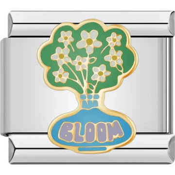 Green flower bouquet with yellow centers in a blue vase labeled "Bloom" Italian charm bracelet link