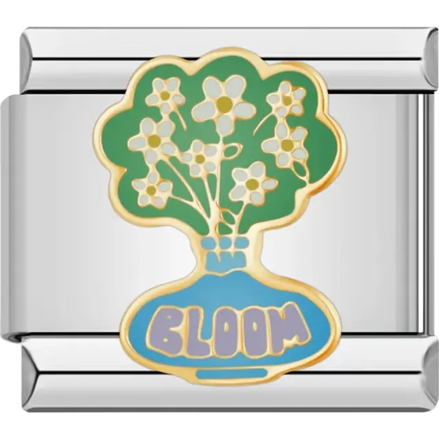 Green flower bouquet with yellow centers in a blue vase labeled "Bloom" Italian charm bracelet link