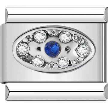 Oval-shaped charm featuring a central blue crystal surrounded by clear crystals in an eye Italian charm bracelet link