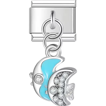 Blue and crystal fish design with dangle detail Italian charm bracelet link
